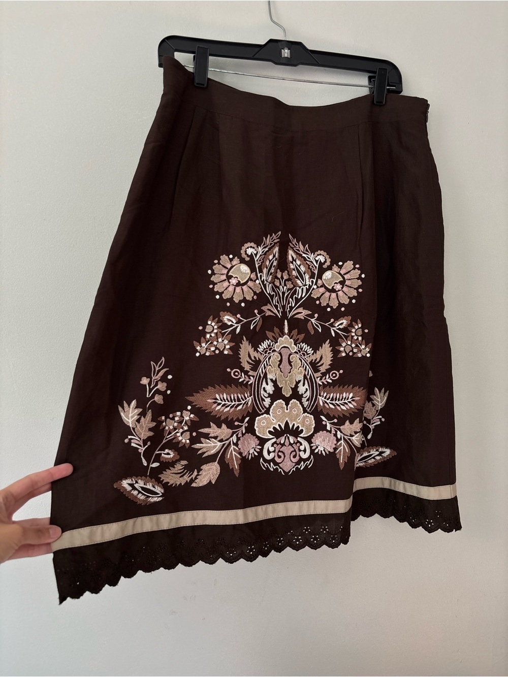 Vintage Cottagecore Floral Brown Embroidered Midi Boho Fairy Linen Skirt - XL